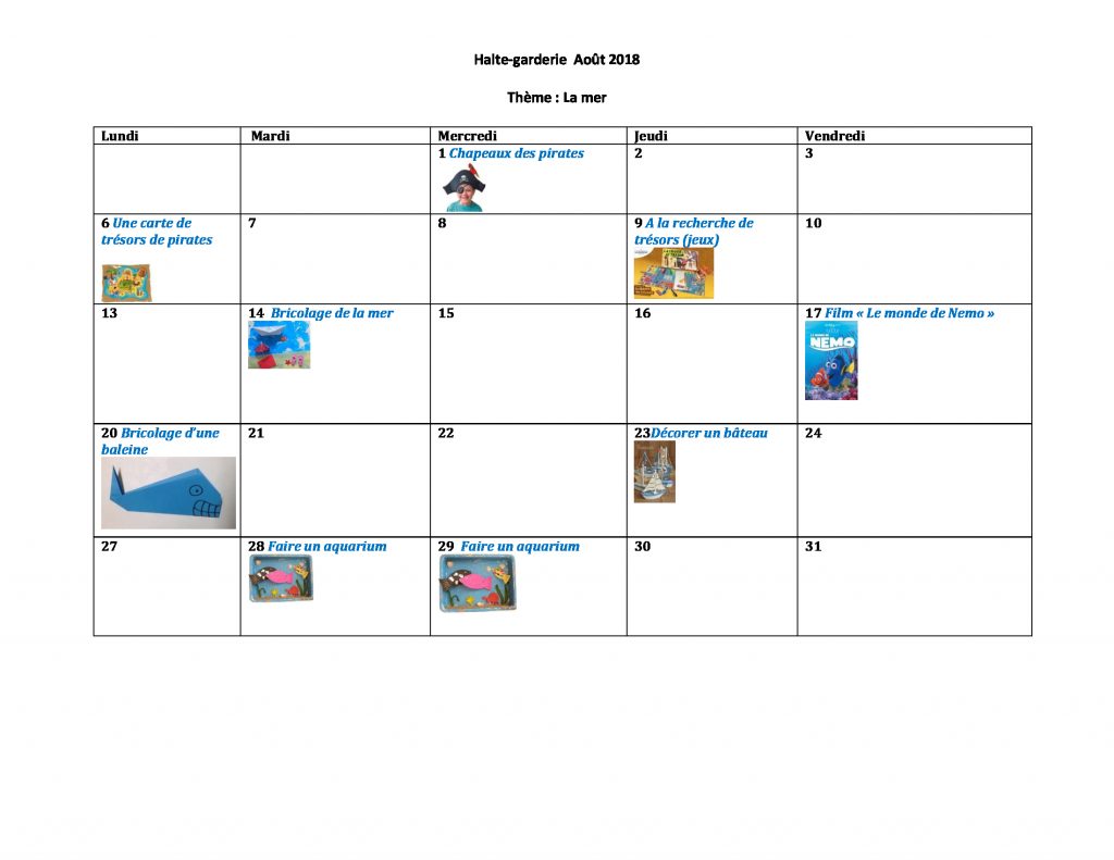 Calendrier Halte-garderie du mois d'août